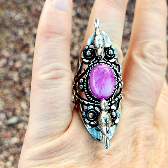 New Pink Rainbow Moonstone 925 Silver Birds Statement Ring. - Picture 8 of 16